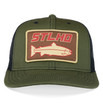 Olive green trucker cap with black mesh panels and large STLHD front patch