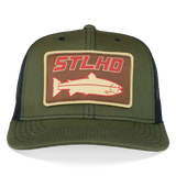 Olive green trucker cap with black mesh panels and large STLHD front patch