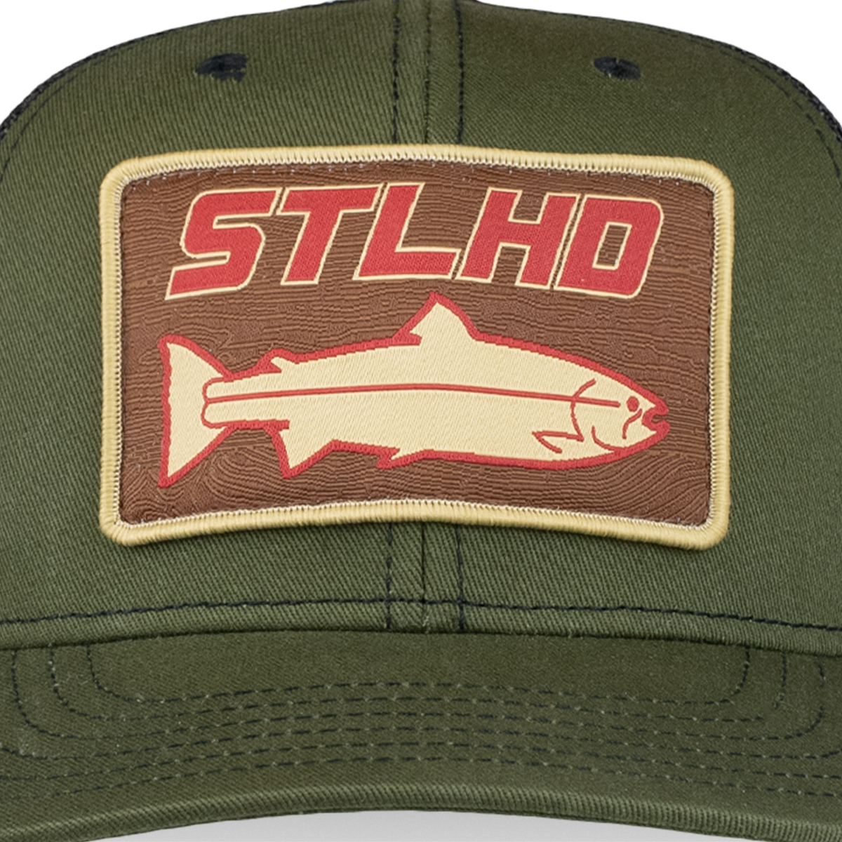 Olive green trucker cap with close-up STLHD fish graphic front patch