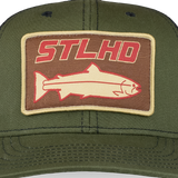 Olive green trucker cap with close-up STLHD fish graphic front patch