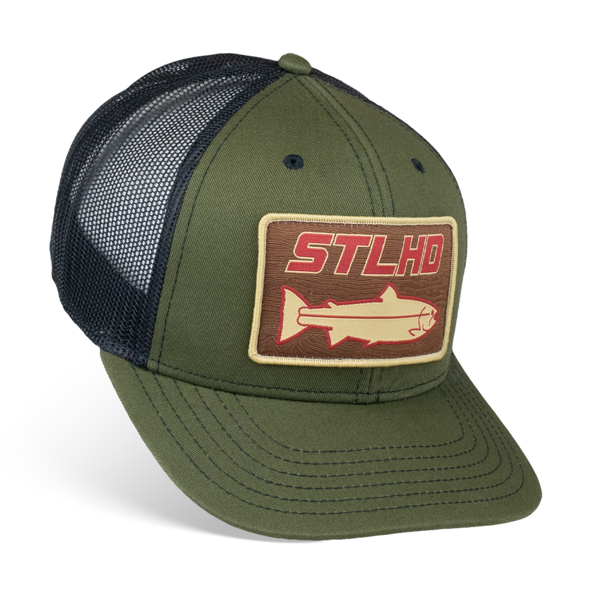 Olive green trucker cap with black mesh back and STLHD logo front patch