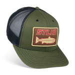 Olive green trucker cap with black mesh back and STLHD logo front patch