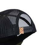 Olive green trucker cap side with black mesh and circular STLHD logo tag