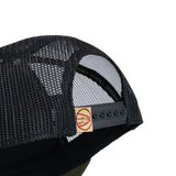 Olive green trucker cap side with black mesh and circular STLHD logo tag