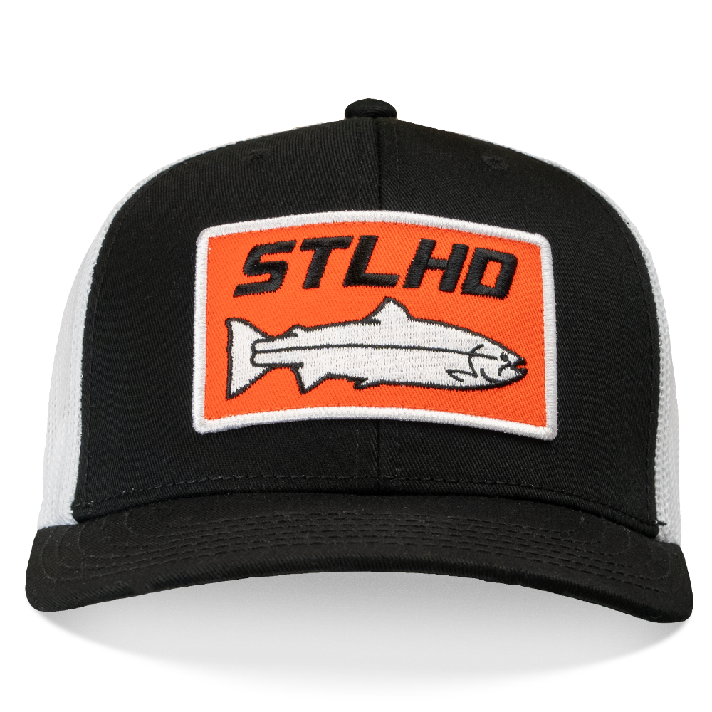 Black and white flex-fit cap with front logo patch in orange and white