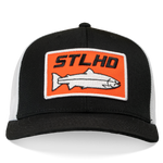 Black and white flex-fit cap with front logo patch in orange and white