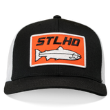 Black and white flex-fit cap with front logo patch in orange and white