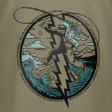 Olive T-shirt front print: circular surfer emblem with waves and lightning bolt