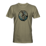Olive surf graphic T-shirt with circular surfer emblem on front