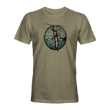 Olive surf graphic T-shirt with circular surfer emblem on front