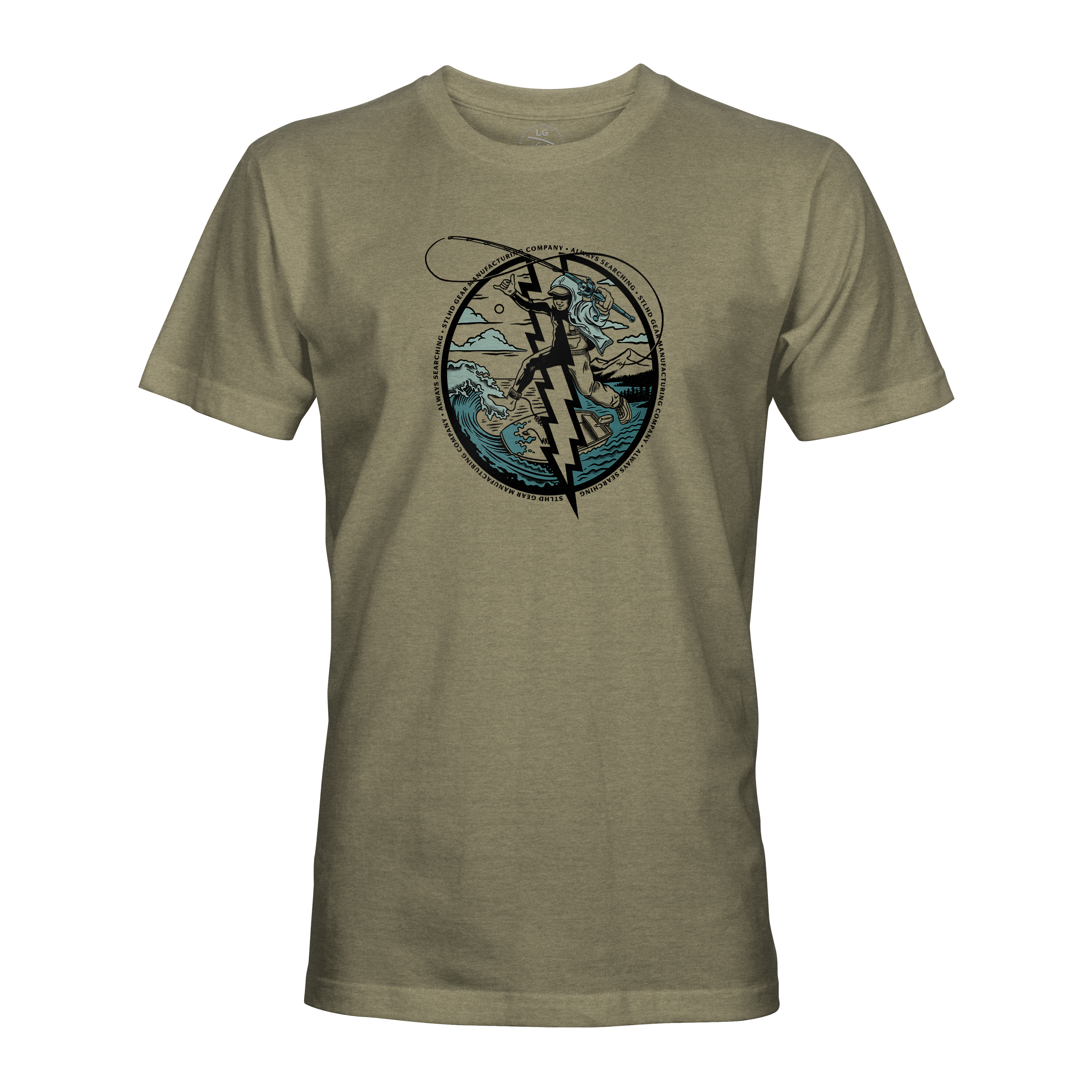 Olive surf graphic T-shirt with circular surfer emblem on front