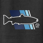 Black hoodie chest: large white and blue fish logo with striped panel