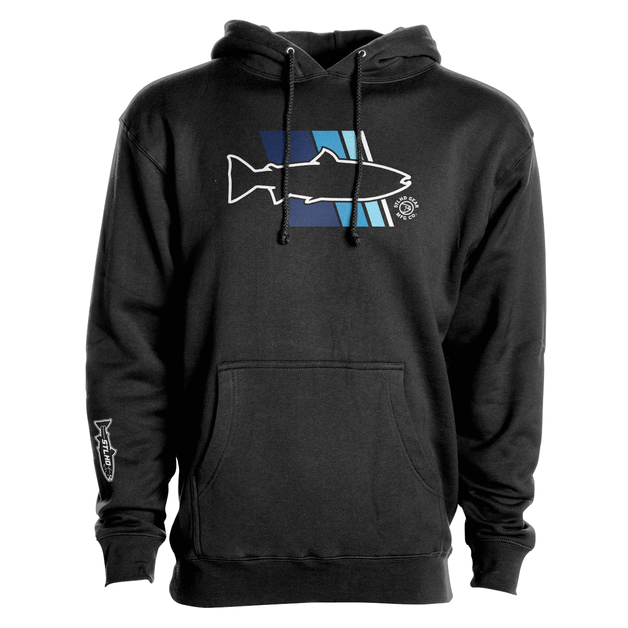 Black hoodie with drawstring hood, front pouch pocket, and large fish logo print