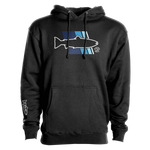 Black hoodie with drawstring hood, front pouch pocket, and large fish logo print