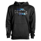 Black hoodie with drawstring hood, front pouch pocket, and large fish logo print