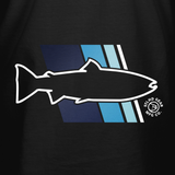 Black T-shirt with large blue-and-white fish graphic and stripes