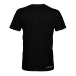 Black crew-neck T-shirt with small logo patch at hem