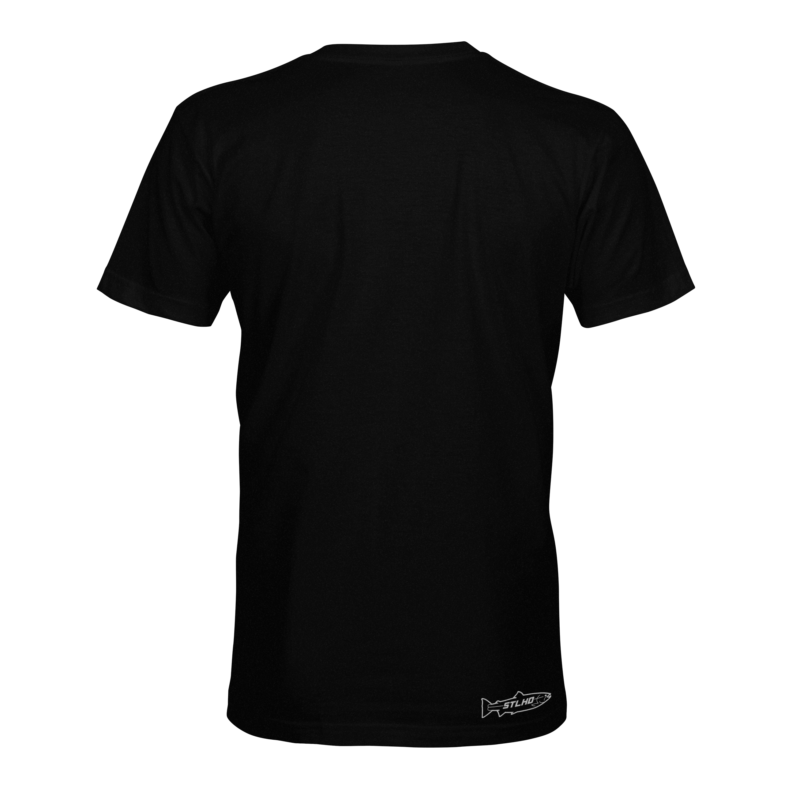 Black crew-neck T-shirt with small logo patch at hem