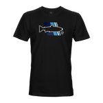 Black crew-neck T-shirt with blue retro graphic on front