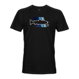 Black crew-neck T-shirt with blue retro graphic on front