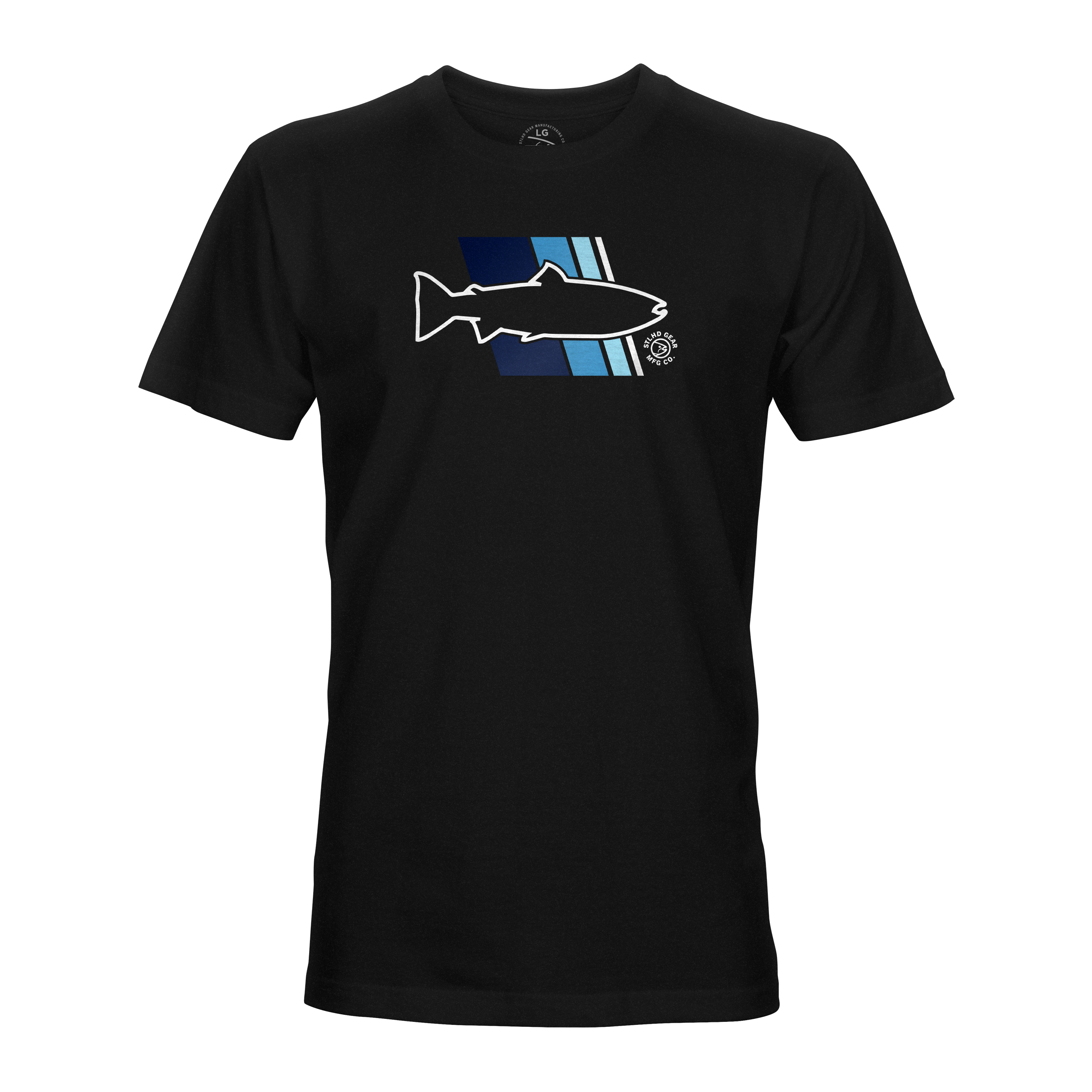 Black crew-neck T-shirt with blue retro graphic on front