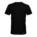 Black varsity T-shirt with small orange logo print on the lower back hem.