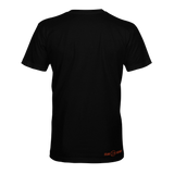 Black varsity T-shirt with small orange logo print on the lower back hem.