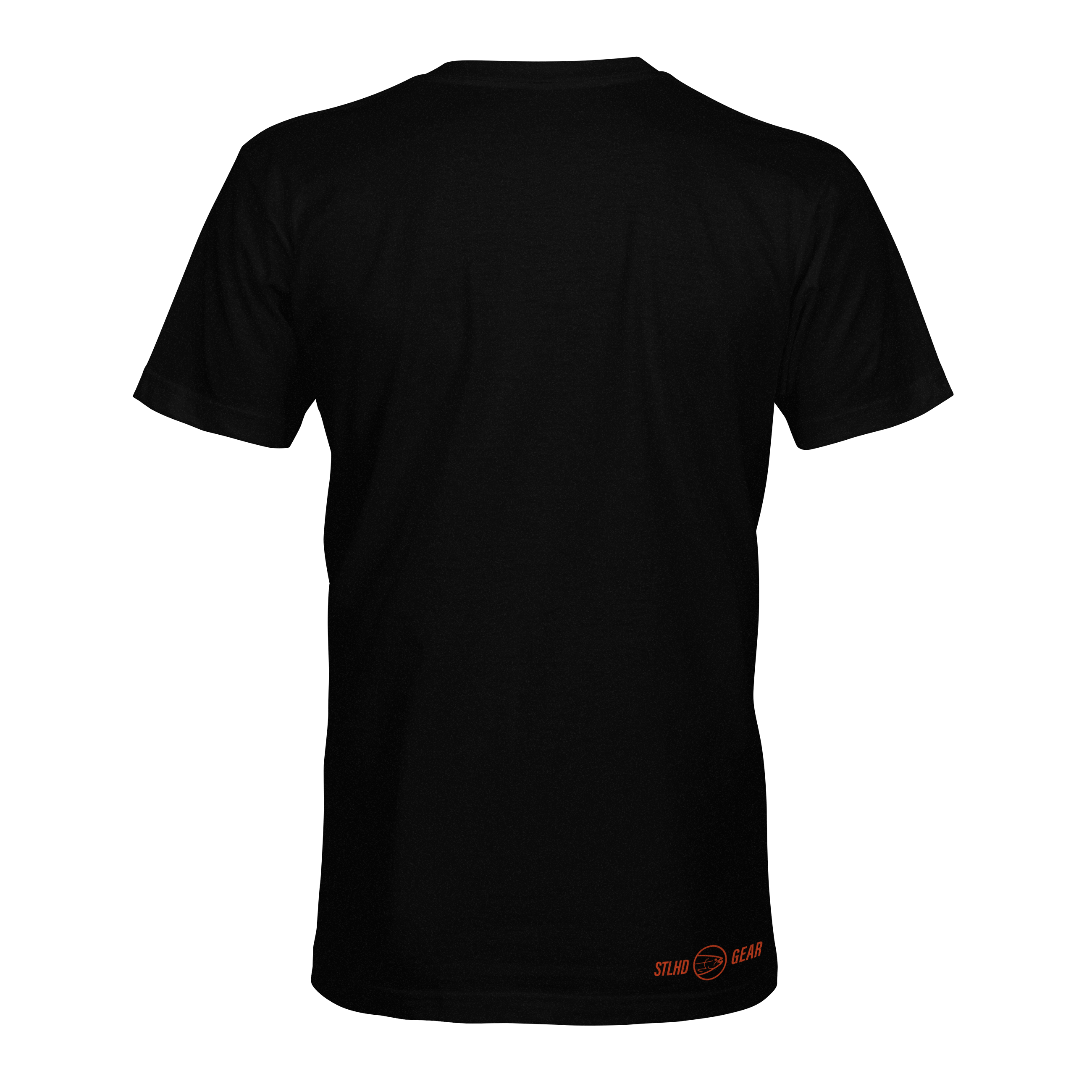 Black varsity T-shirt with small orange logo print on the lower back hem.
