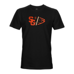 Black varsity T-shirt with large orange and cream logo print on the chest.