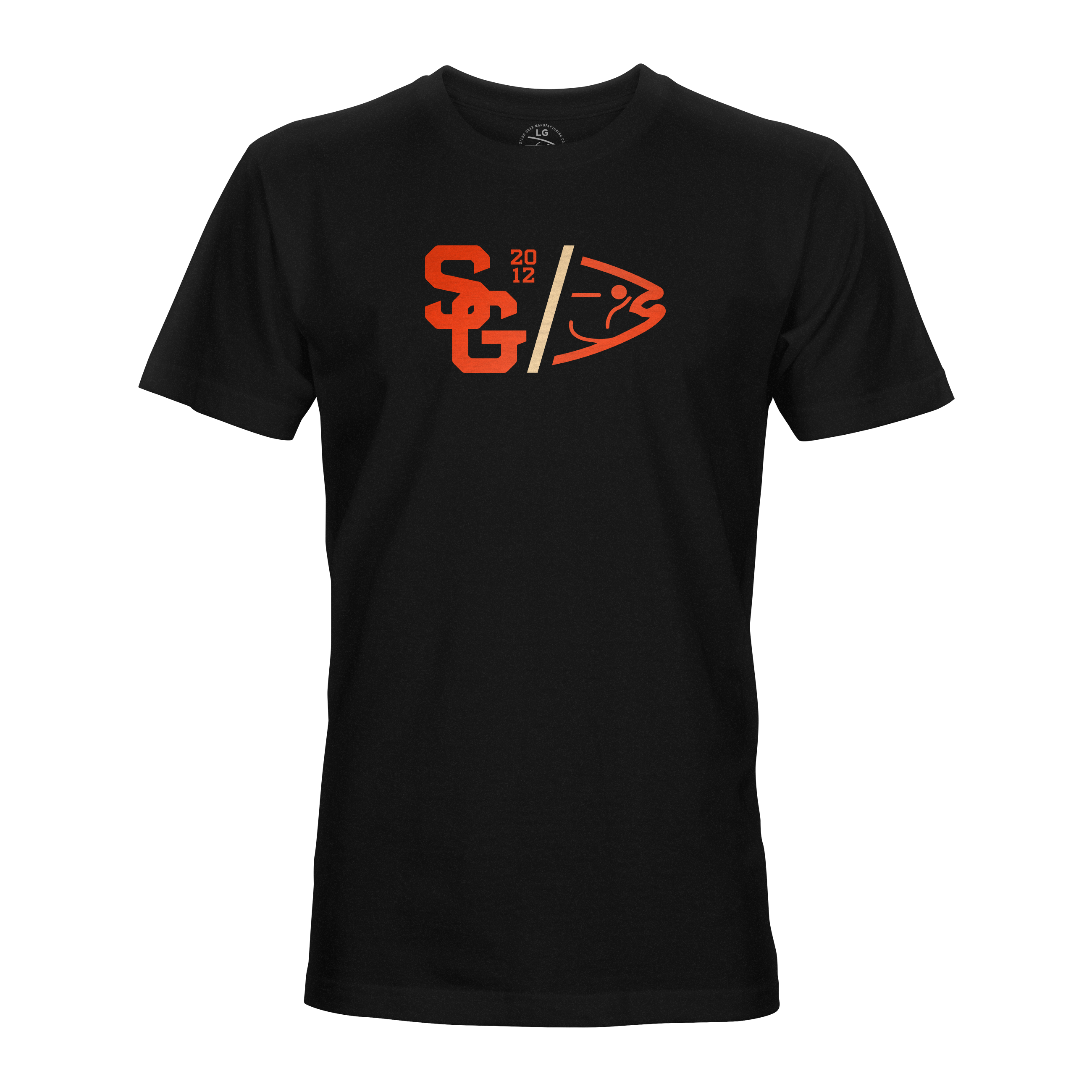 Black varsity T-shirt with large orange and cream logo print on the chest.