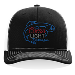 Black trucker cap with white trim and Coors Light logo front panel