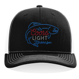 Black trucker cap with white trim and Coors Light logo front panel