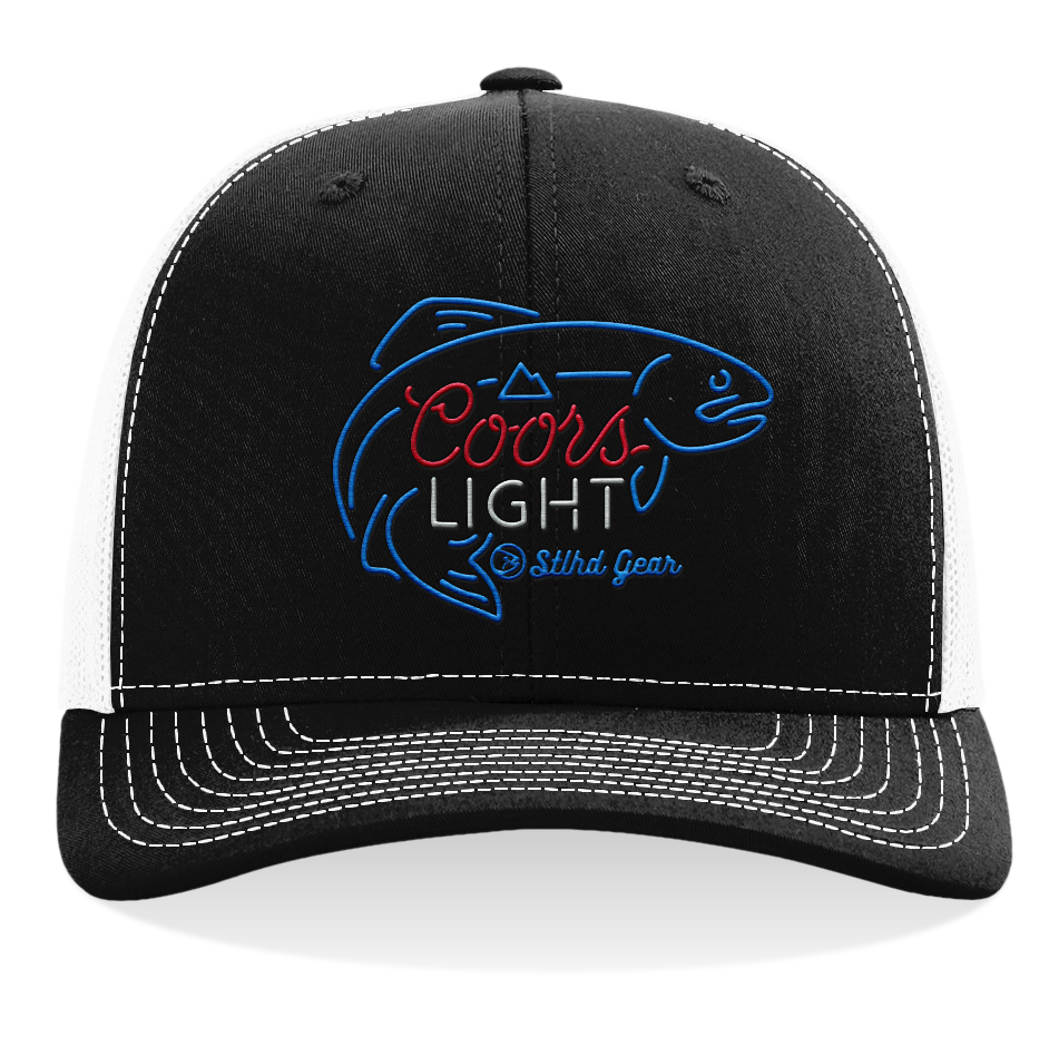 Black trucker cap with white trim and Coors Light logo front panel