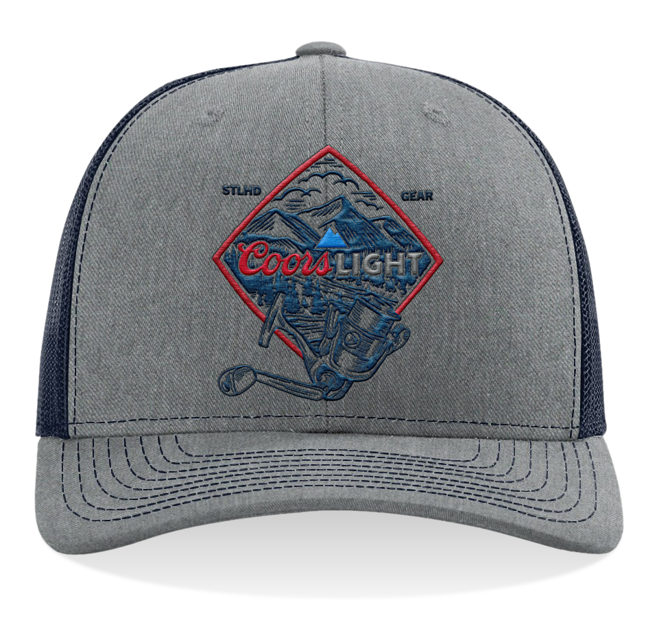 Gray trucker cap with Coors Light logo patch and dark mesh side panels