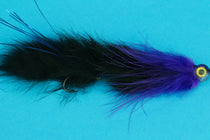 Leech-style fishing streamer with purple-black feather tail and round bead eye