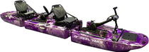 Purple camo tandem fishing kayak with dual seats and prop drive pedal system