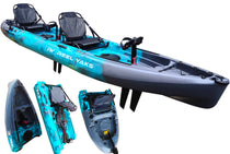 Blue fishing kayak with two seats plus modular pedal drive components