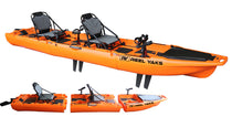 Orange tandem fishing kayak with fin drive and two seats, plus smaller kit pieces