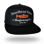Black flat-bill trucker cap with orange/white Steelhead Gear logo on front