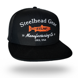 Black flat-bill trucker cap with orange/white Steelhead Gear logo on front