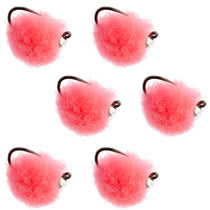 Hot pink fuzzy jig nymph fly with dark bead head, barbless hook