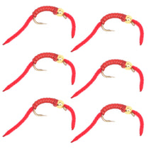 Set of six red bead-head worm flies with gold bead and barbed hook