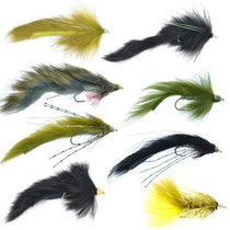 Green and black feather streamer fly with barbed hook, white/red thread accents