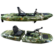 Camouflage fishing kayak with pedal drive console, front hatch, and raised chair