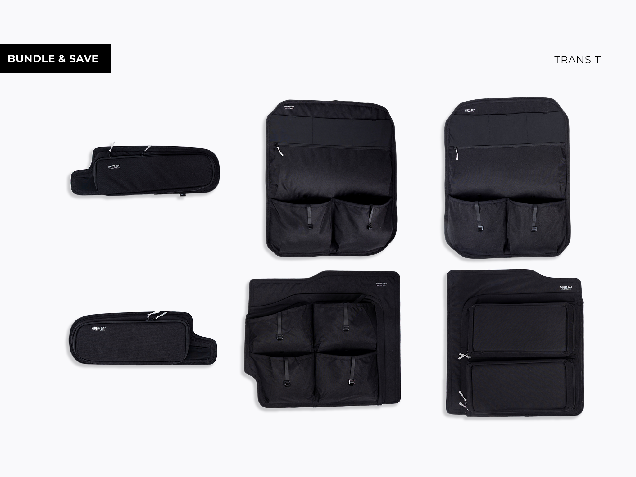 Black rear door storage panels set with multiple zippered pockets and compartments