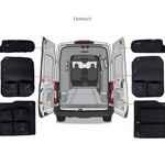 Black rear door storage panel set for Ford Transit, five organizers with pockets