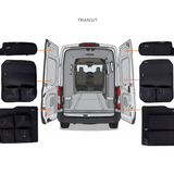 Black rear door storage panel set for Ford Transit, five organizers with pockets