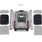Ford Transit van layout guide showing black rear door storage panel placement