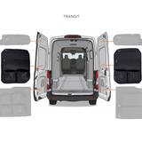 Ford Transit van layout guide showing black rear door storage panel placement