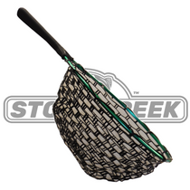 Green aluminum landing net with black mesh and long handle